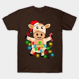 Cow Reindeer Hat Santa Christmas Lights T-Shirt